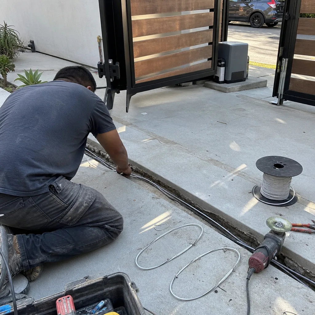 Technician installing gate access control wiring in concrete driveway in Culver City, CA