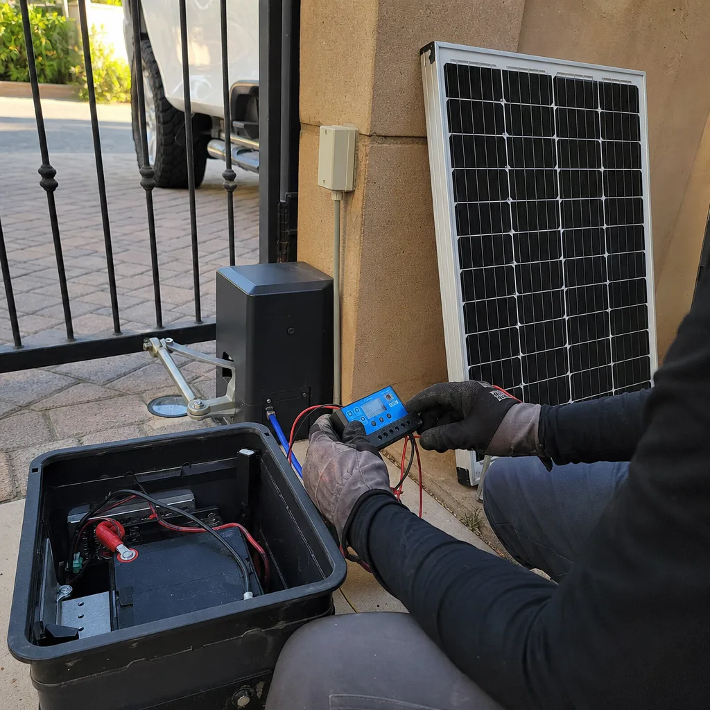 Technician installing solar-powered gate access control system in Culver City, CA