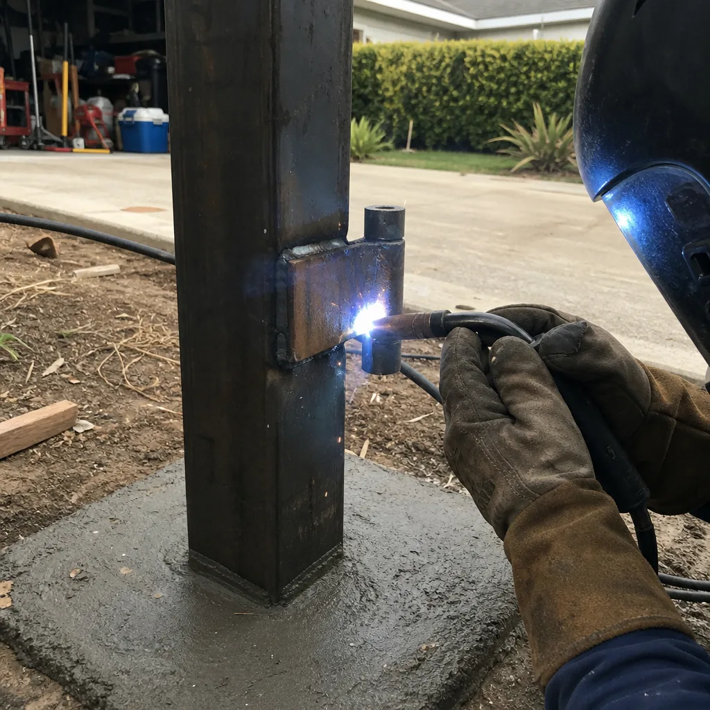 Welder installing a steel gate hinge onto a metal post