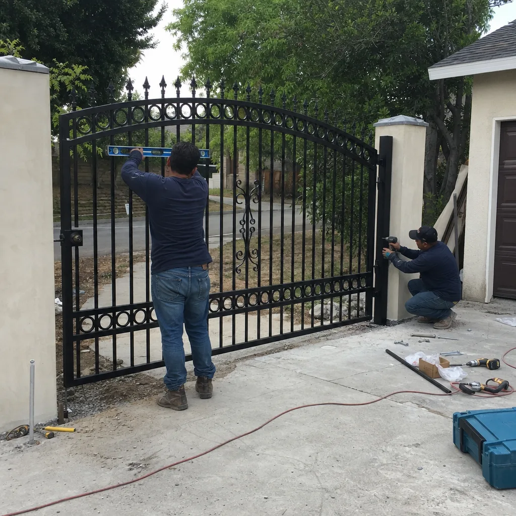 Two technicians installing a decorative black wrought iron driveway gate