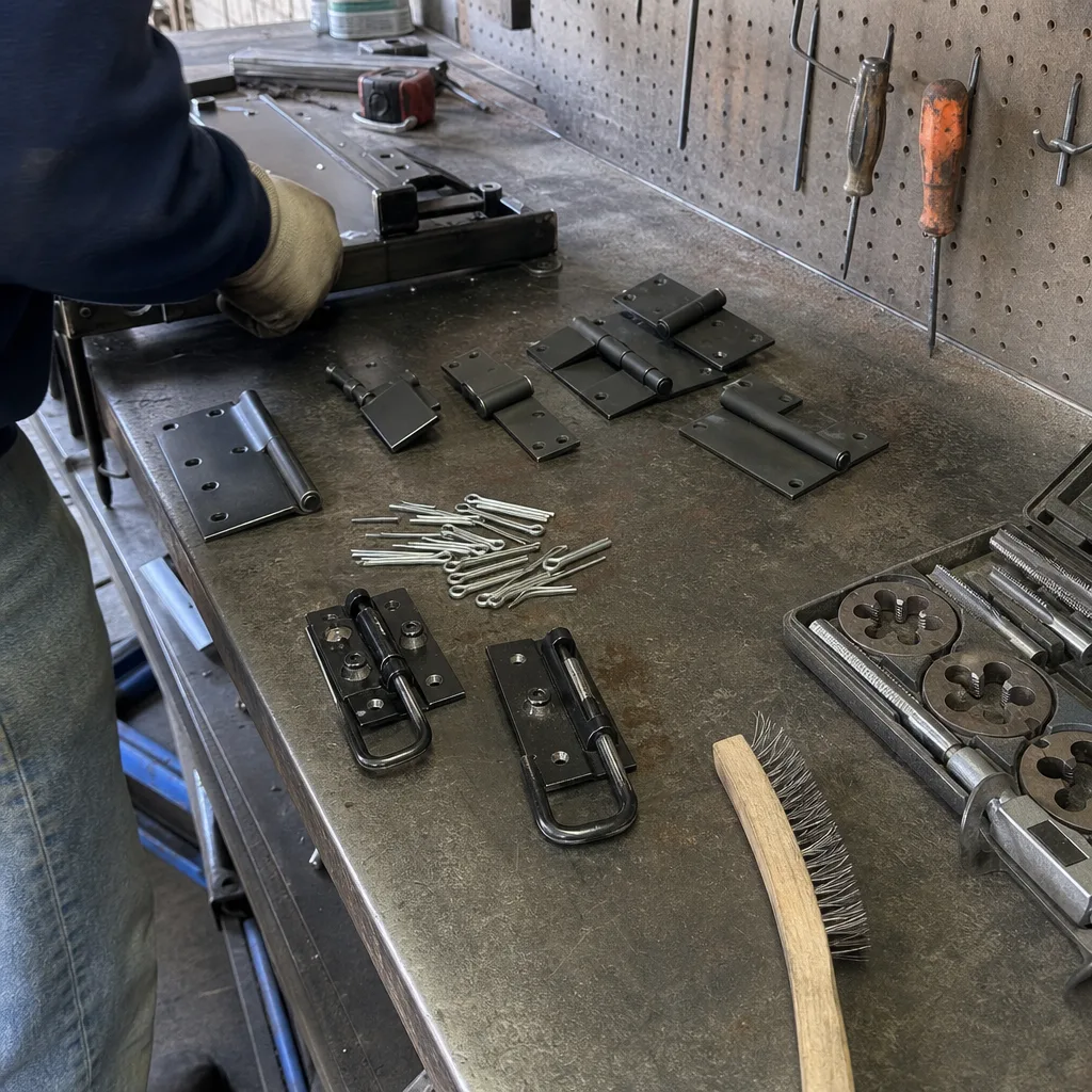 Metalworker organizing custom gate hinges and hardware on a workshop table in Culver City, CA