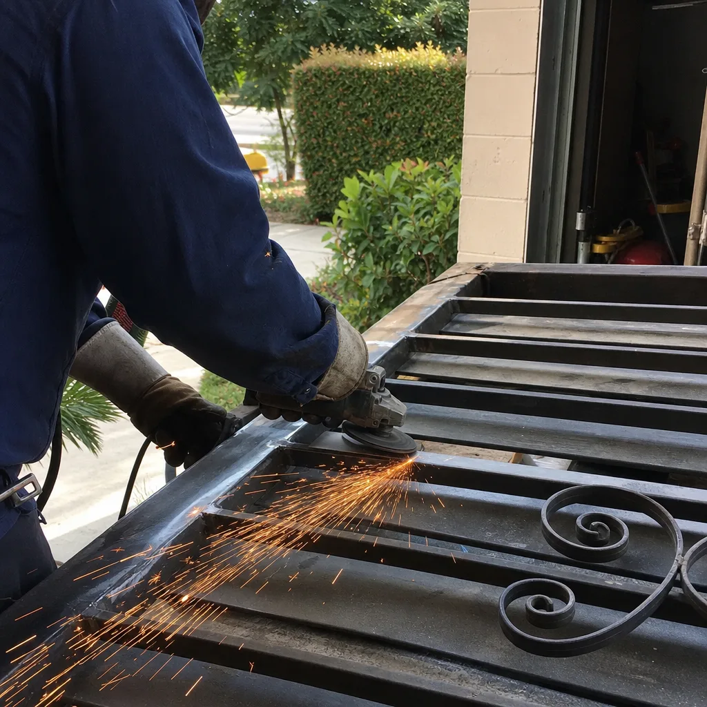 Professional gate repair technician performing metal welding and grinding on custom gate. in Culver City, CA
